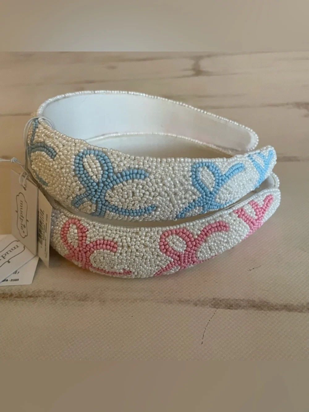 Mud Pie Beaded Bow Headband Set Pink & Blue